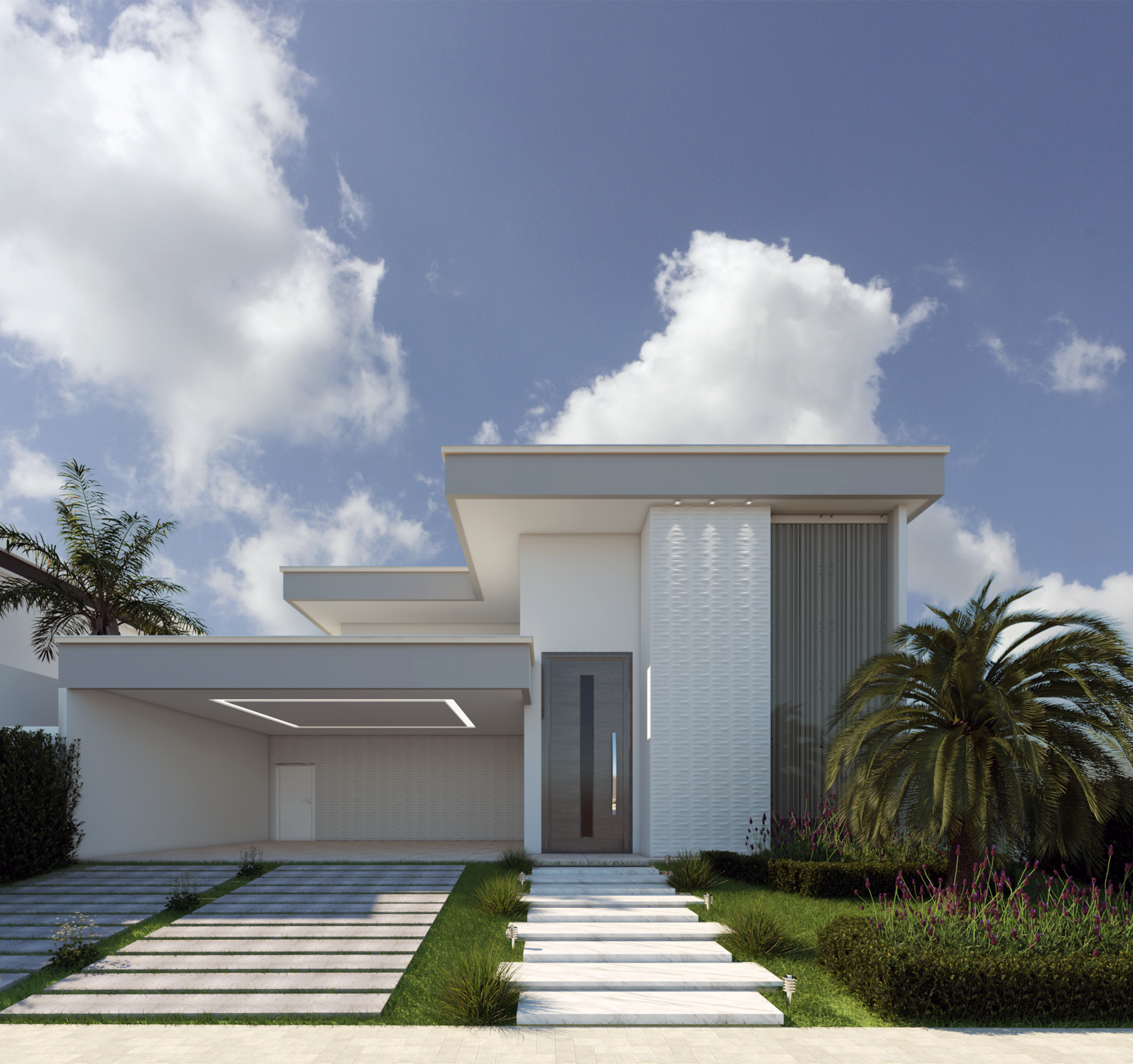 Fachada moderna térrea com linhas retas e paisagismo tropical